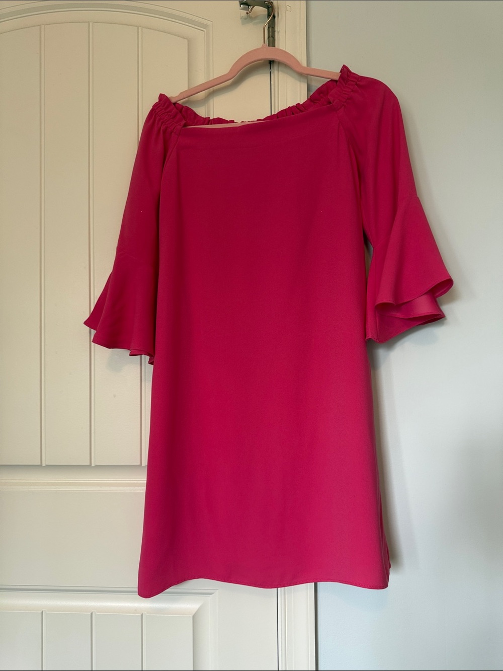 Trina Turk Hot Pink Off-Shoulder Ruffle Sleeve Mini Dress